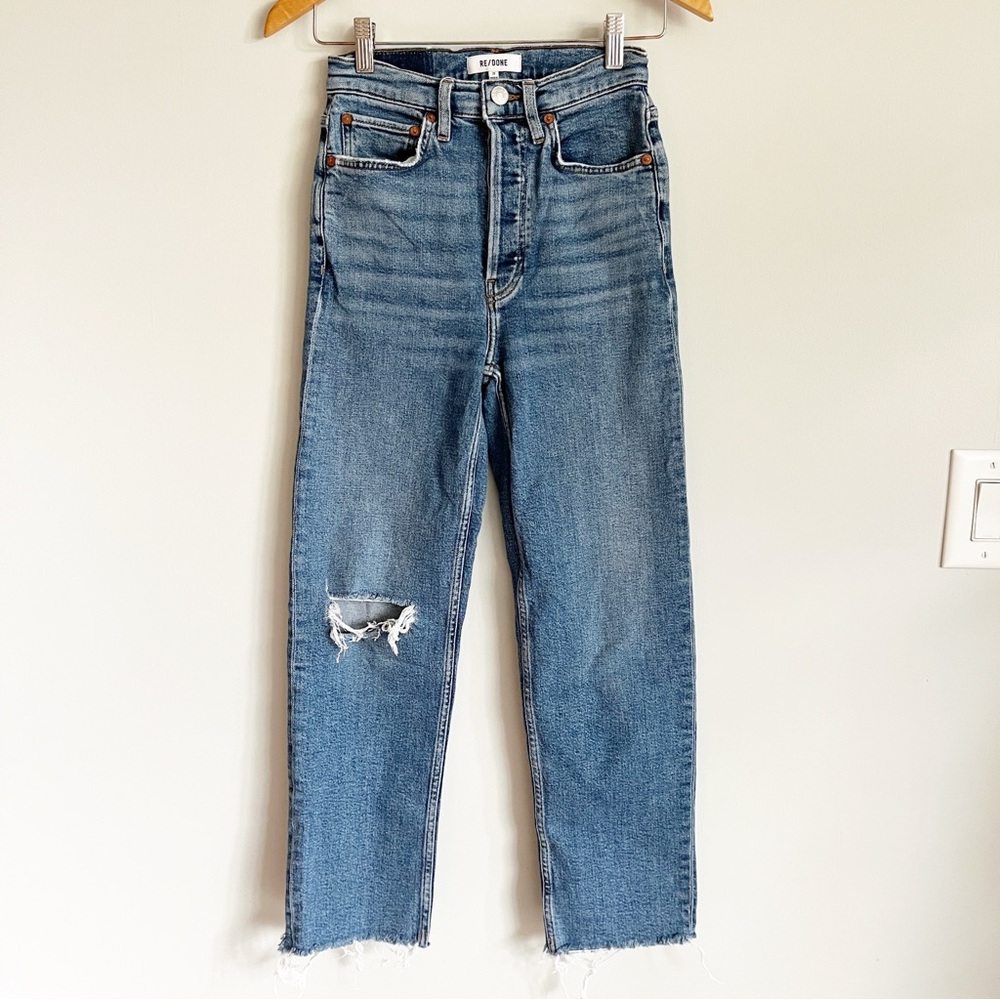 RE/DONE Jeans Sz 25 Ultra High Rise Stove Pipe 70s Retro Vintage Indigo Destroy